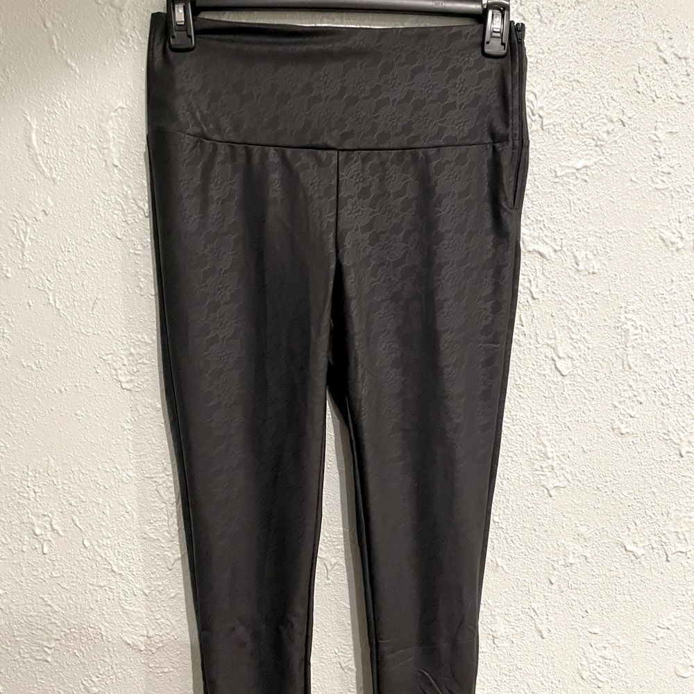 White Birch Black pleather leggings with rose lace details